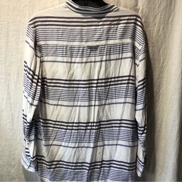 Rails blue and white horizontal stripe button down rayon blouse Chinese collar L - Picture 6 of 10